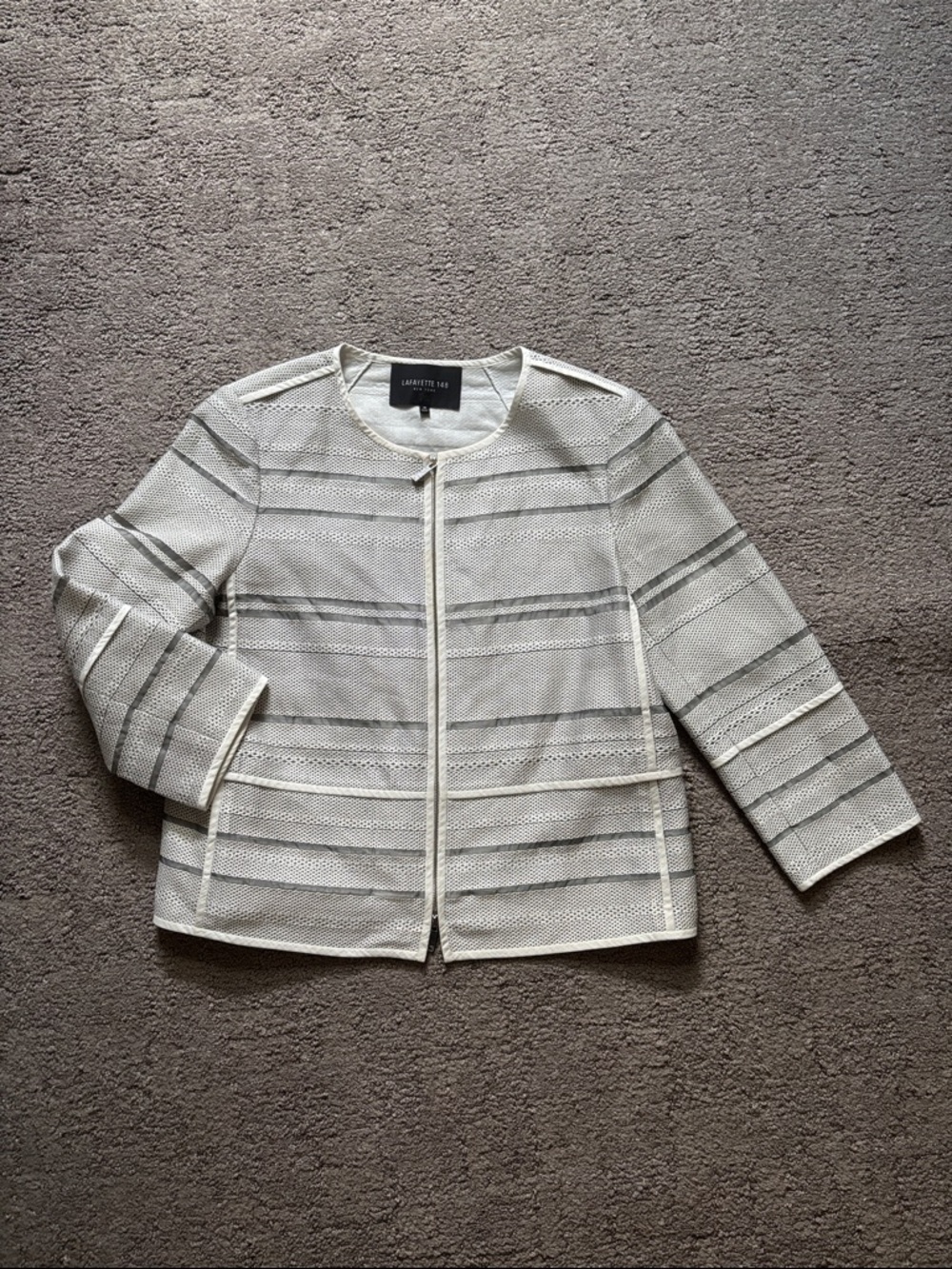Lafayette 148 New York White and Light Gray Striped Open-Front Jacket